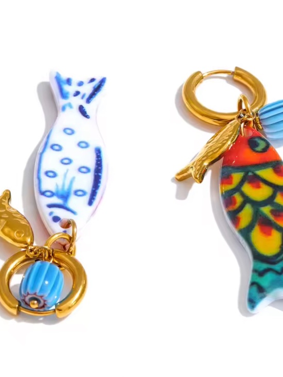 Handmade Ceramic Fish Dangle Earrings: 24K Gold Accent  Amalfi Gold Fish Charm Blue Multicolor Ceramic Earrings